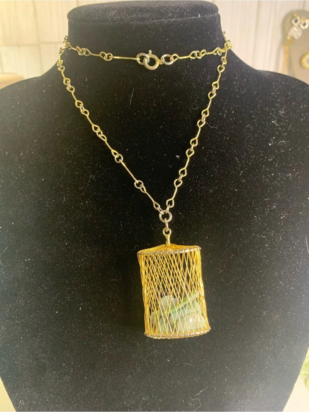 Gold Filled Mesh Wire Cage Pendant and Necklace with Green Jade Stones